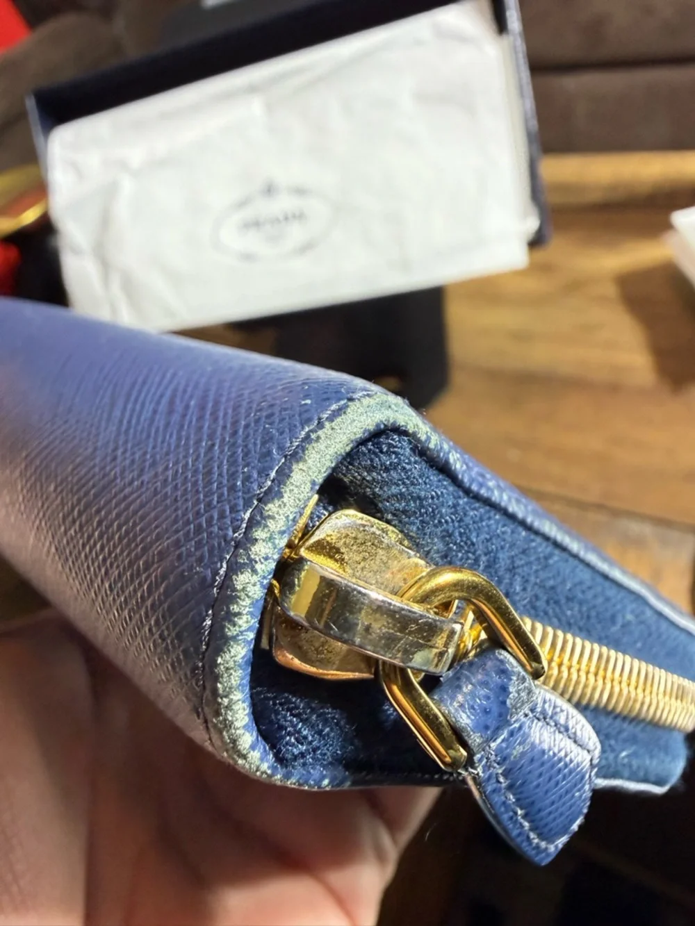 Prada Blue Saffiano Leather Zip Wallet with Gold Logo - Picture 4 of 16